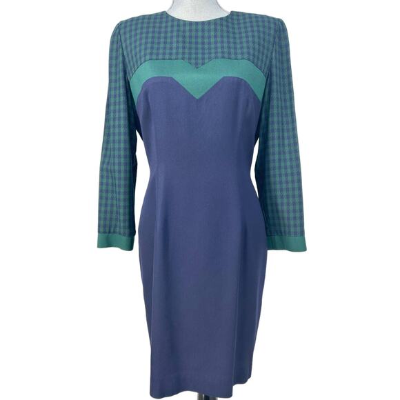 Vintage 80s Donna Ricco Blue Green Check Plaid Long Sleeve Sheath Dress Size 6P - Picture 1 of 10